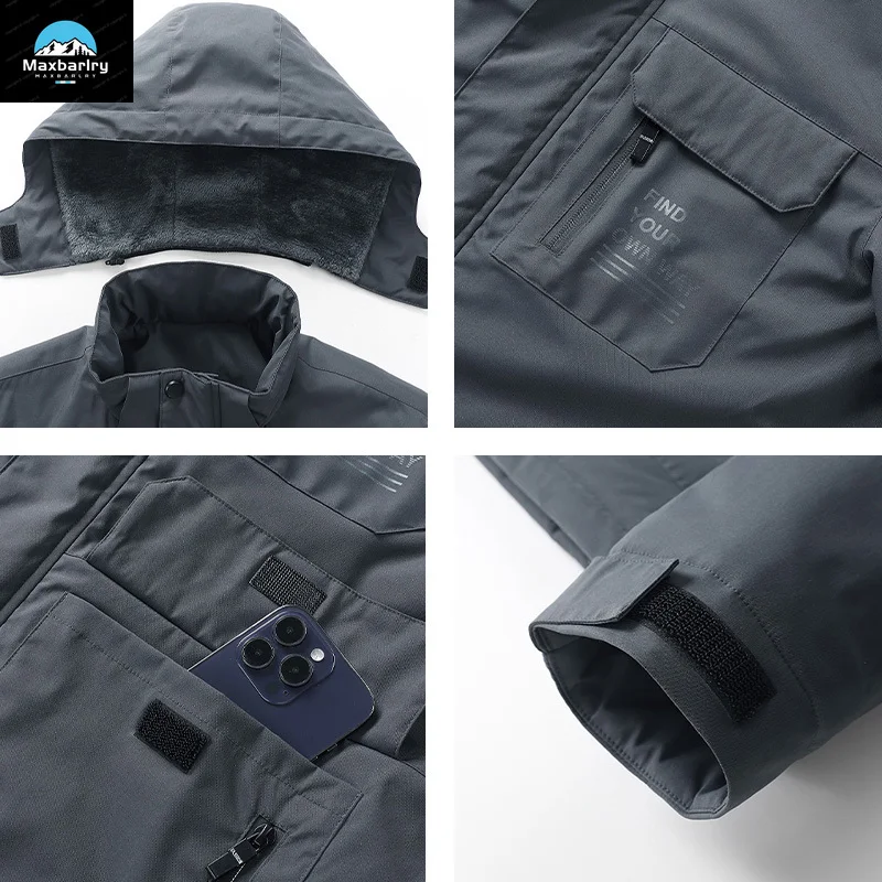 2023 Winter Men's Parka Fleece-lined Windproof Waterproof Cargo Jacket Men's Outdoor Warm Multi-pocket Detachable Hat Men's Coat