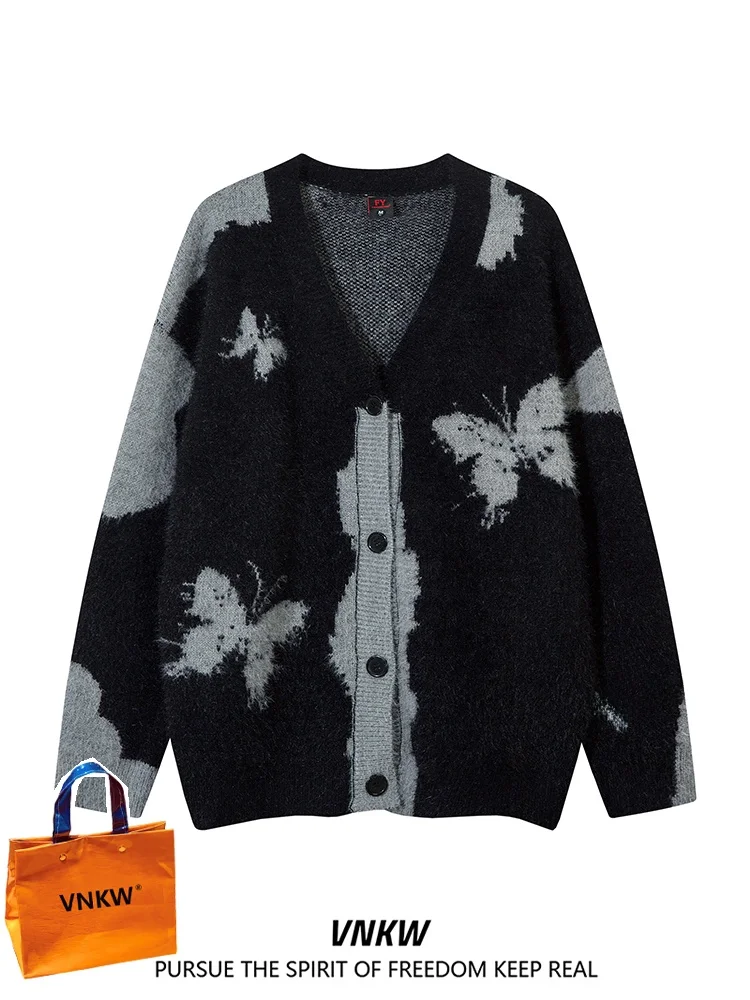 

American Embroidery Lazy Sle Knitted Open Cardigan Men's Autumn Winter Loose Vintage Thiened Couple Color Blo...