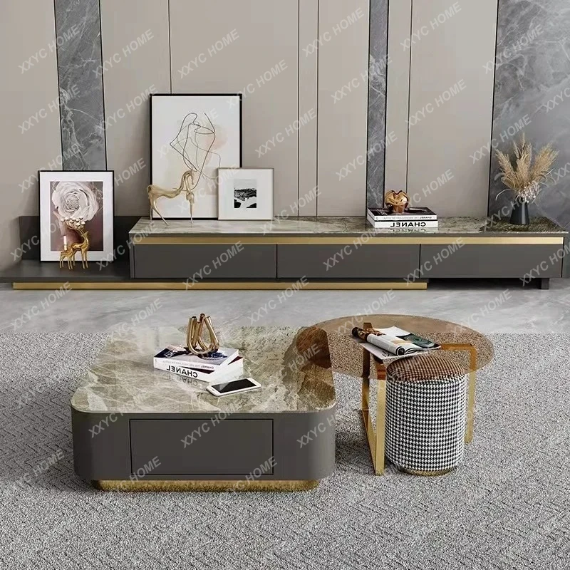 Glossy Rock Slab Coffee Table and TV Cabinet Set Simple Living Room Home Round Glass Table