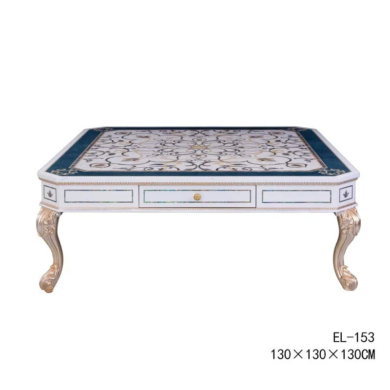Living room square tea table mahogany carved shell parquet with coffee table