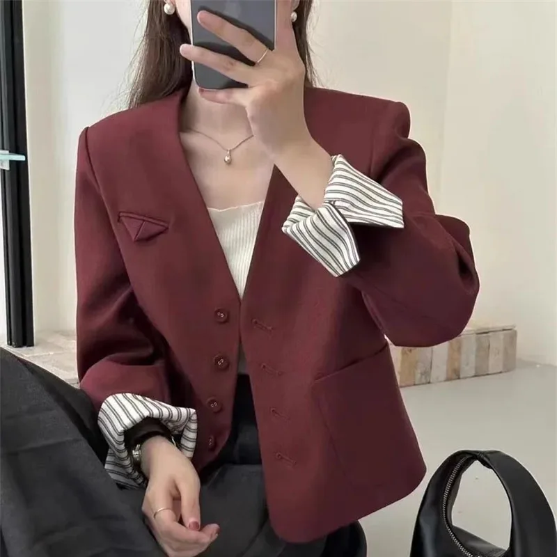 

Ankela Red Suit Short Jacket Women's Suit Blazer Spring Autumn New V-Neck Contrasting Stripes Lined With Western Style Suit Coat
