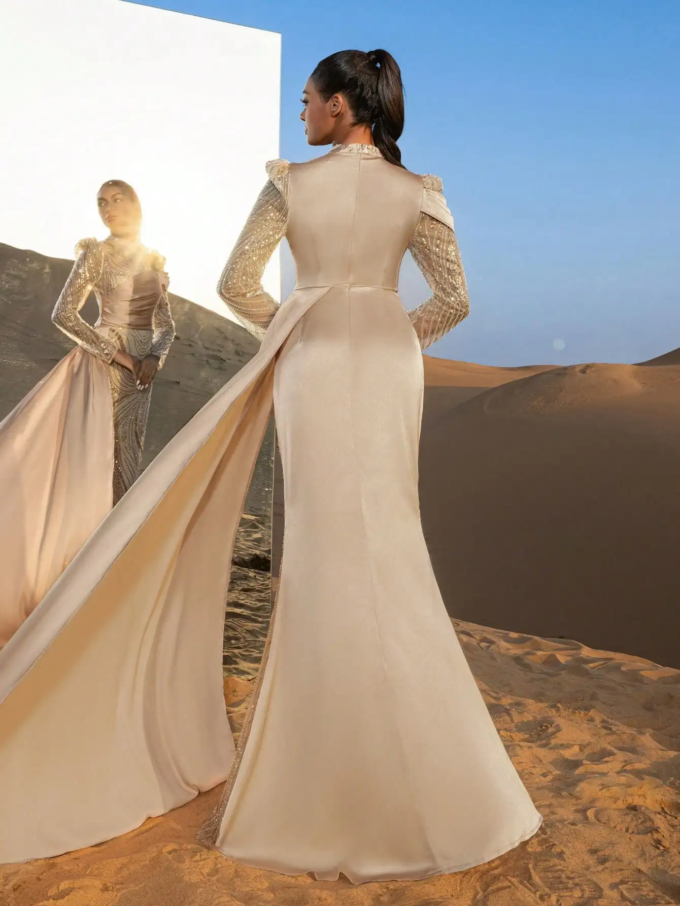 Lindo decote simulado mangas transparentes bainha sereia vestidos formais e vestidos de noite