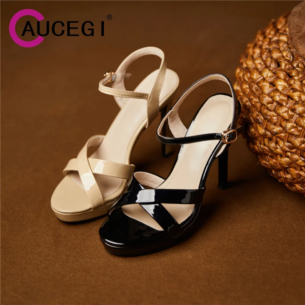 

Aucegi Summer New Women Fashion Platform Sandals Ankle Buckle Strap Thin High Heels Sexy Peep Toe Ladies Solid Color Footwear