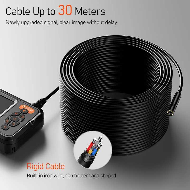  1-30m Hand-hold Industrial Endoscope 1080P 8mm Camera with 4.3'' IPS Screen IP67 Borescope Rigid Cable for Inspection Piping