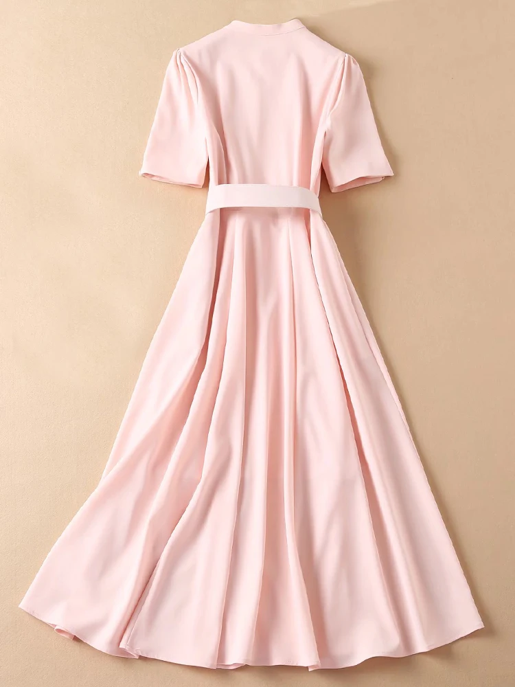 Kate Princess Summer New Women\'s Short Sleeve Pink Dress Fashion Elegant Party Casual Office High Quality Belt Slim Midi Dresses