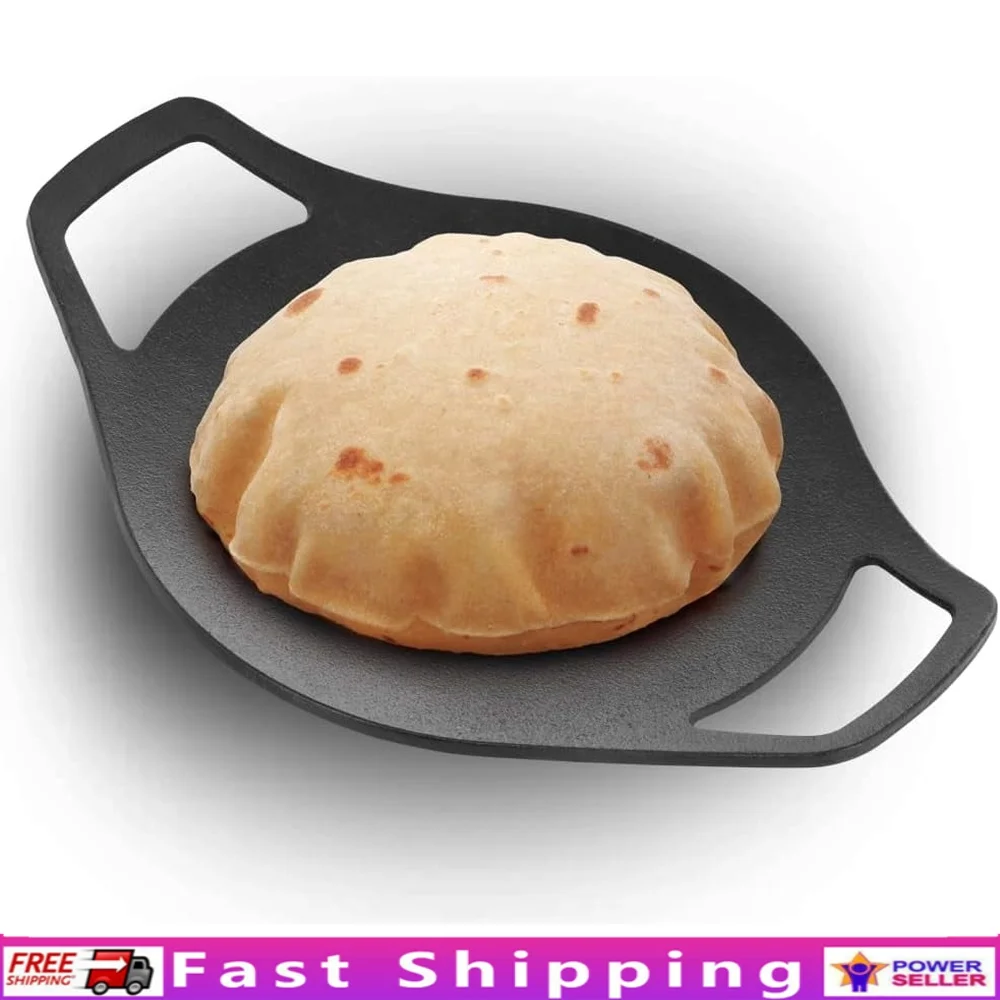 

Pre-Seasoned Cast Iron Griddle Tava 24cm Heavy-Duty Cooking Pan Optimal Heat Retention Cookbook Included Durable Design