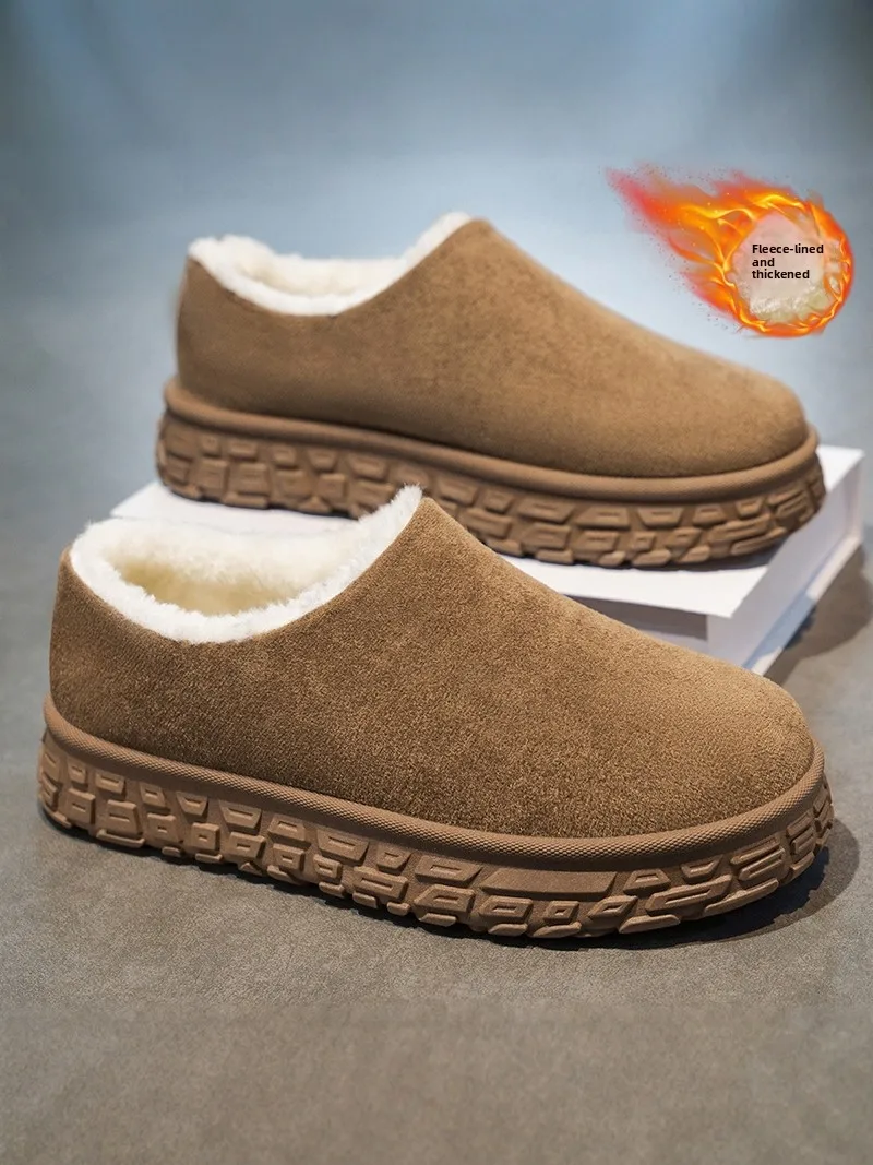 

Men's Winter Booties Fleece Lined Waterproof Non-Slip Leather And Fur Integrated Outdoor Casual Shoes round Toe Thick Sole