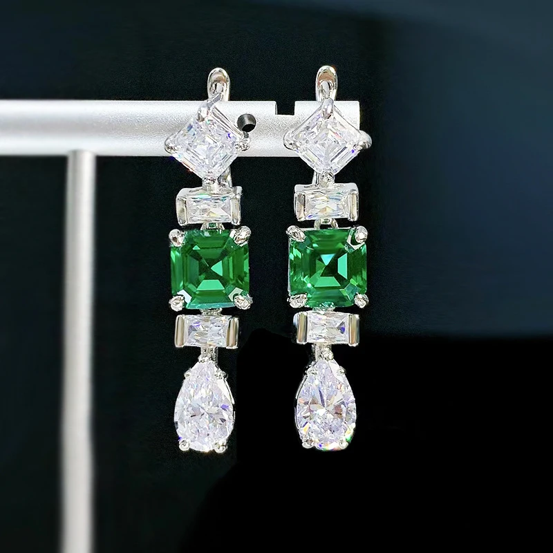 OANA Fashion Temperament Light Luxury 925 Silver All-Match Emerald Asscher Earrings Inlaid With High Carbon Diamond Jewelry