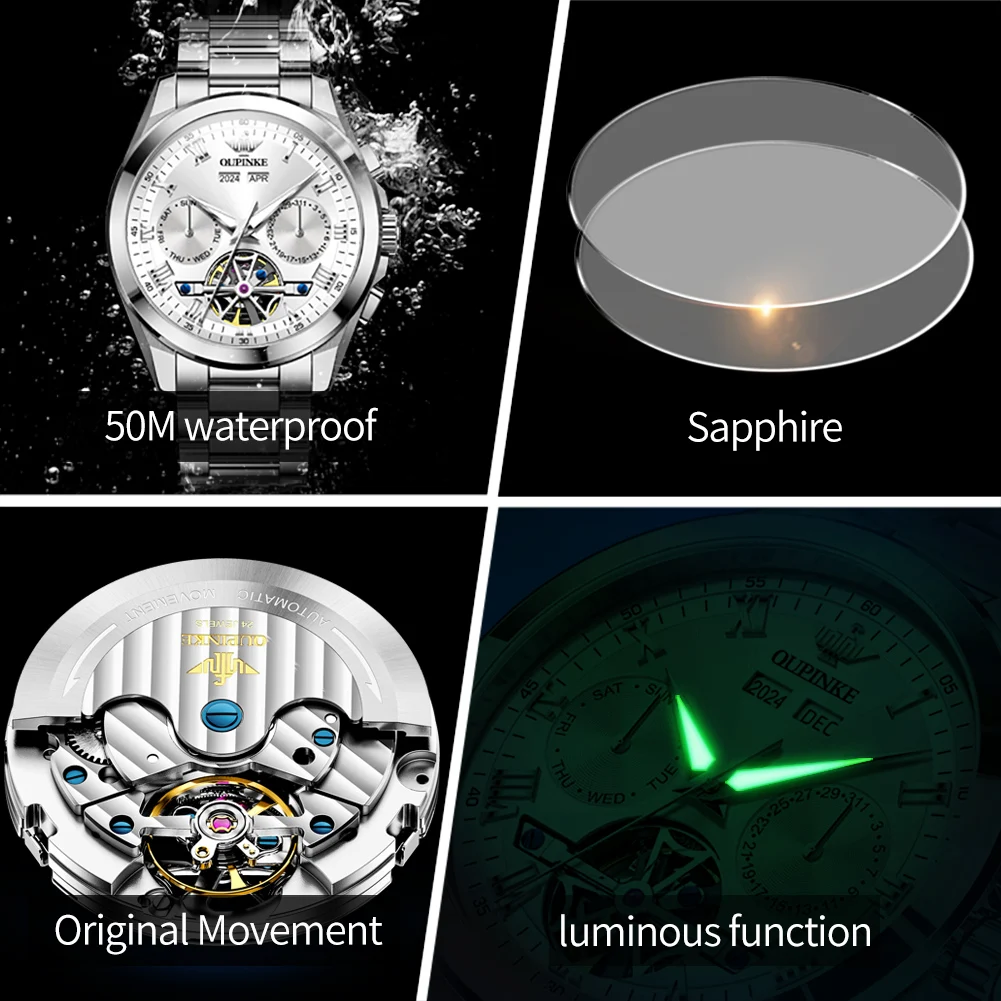 OUPINKE 3281 ساعة رجالية مجوفة دولاب الموازنة الفولاذ المقاوم للصدأ ساعات رجالية فاخرة العلامة التجارية الأصلية ساعة ميكانيكية أوتوماتيكية للرجال #5