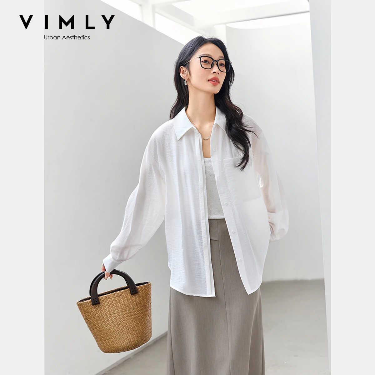 

VIMLY White Shirt Women 2025 Spring Autumn Casual Long Drop Sleeve Loose Fit Button Up Shirts Blouse Ladies Elegant Top A0116