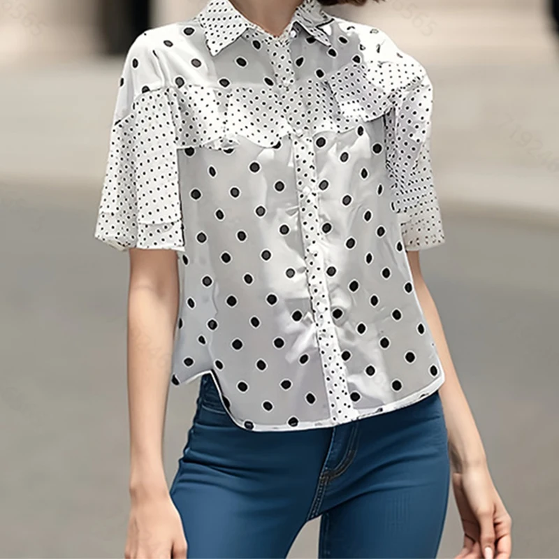 Temperament Polka Dot Short Sleeve Chiffon Shirts Women Fashion Spliced Ruffles Lapel Crop Top Summer New Single-Breasted Blouse
