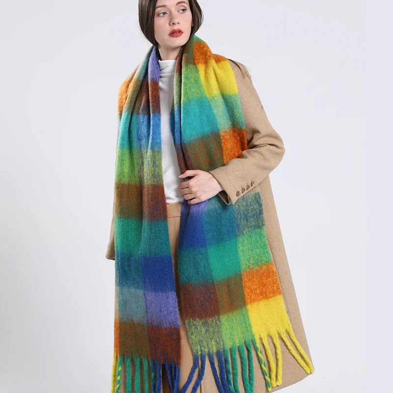 2024 Winter Thick Warm Scarf Women Cashmere Shawl and Wraps Pashmina Neckerchief Bufanda Female Rainbow Hairy Tessel Echarpe New