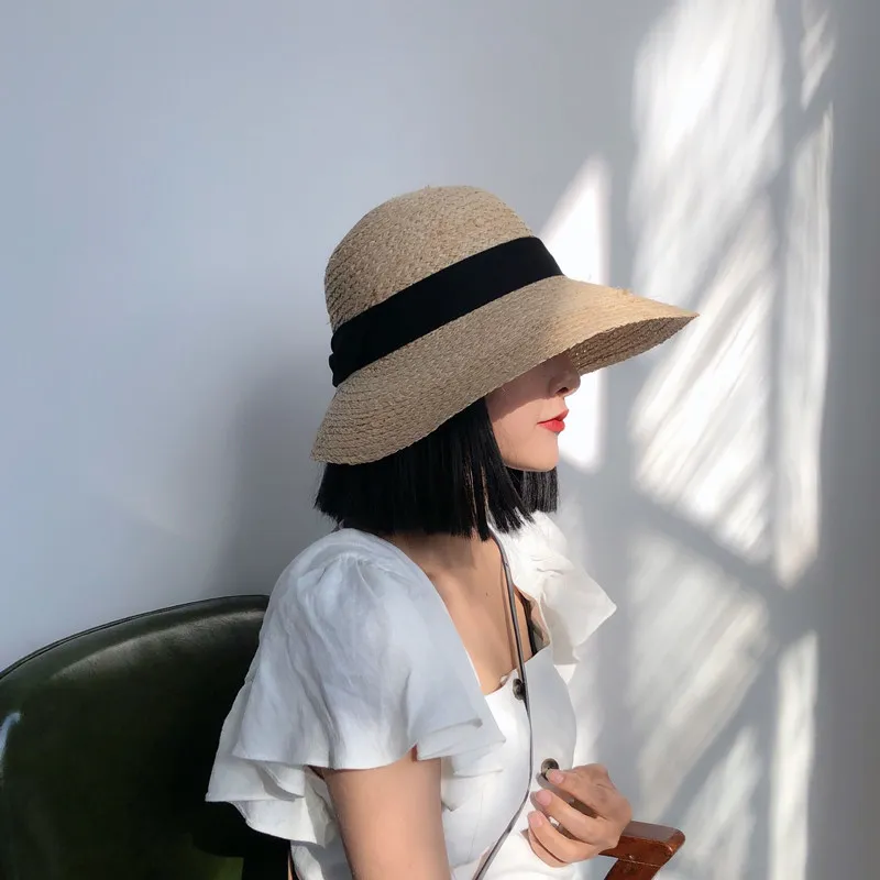 Spring/summer Raffia Back Brim Ribbon Straw Hat Foldable Beach Hat for Women Large-brimmed Sunscreen Sun Hat