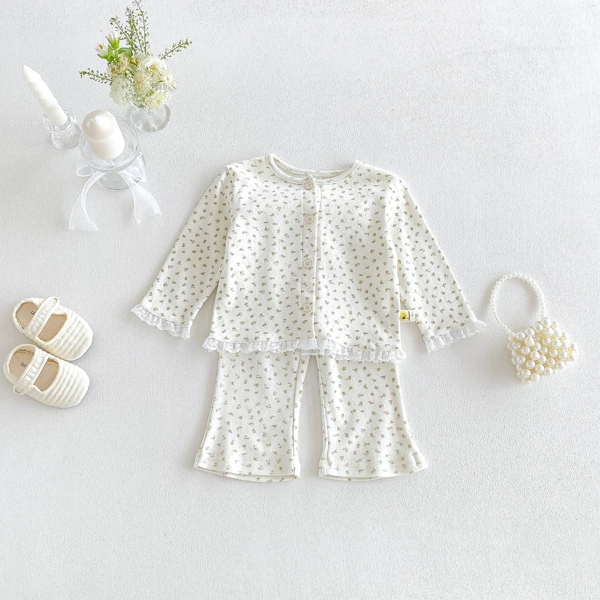 Infant and toddler home wear set, autumn style, girls' long sleeve floral two-piece outfit