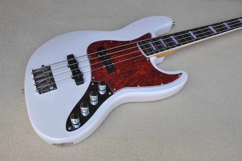 White 4 Strings Electric Bass Guitar with Rosewood Fretboard, Red Pickguard,Customizable