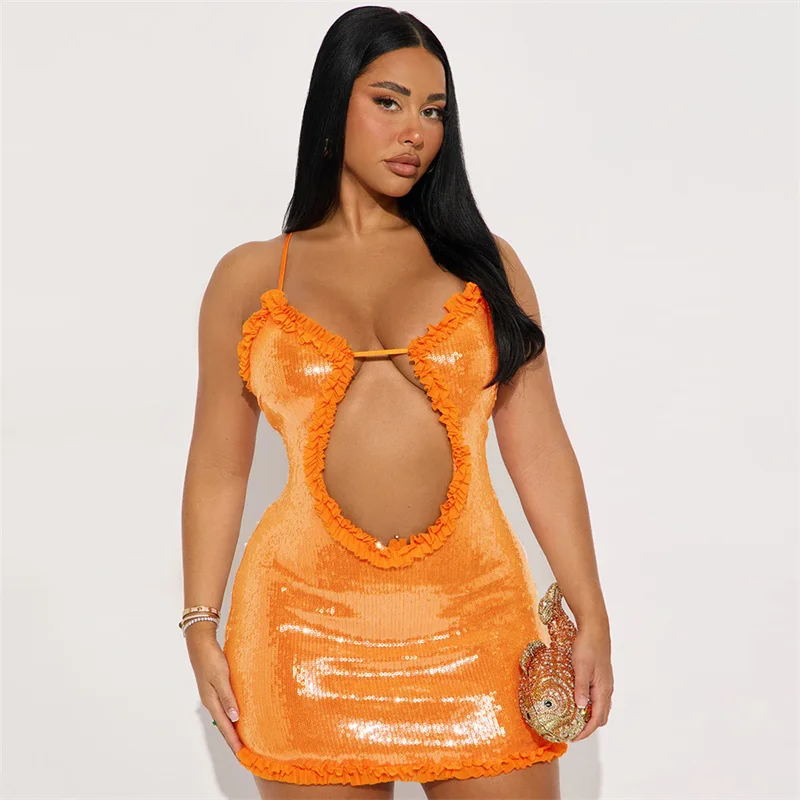 مثير قطع Bodycon المرأة البسيطة الترتر فستان الحفلات 2025 الصيف السباغيتي حزام الصالحة للأكل شجرة الفطريات بريق سليم فستان النادي الليلي