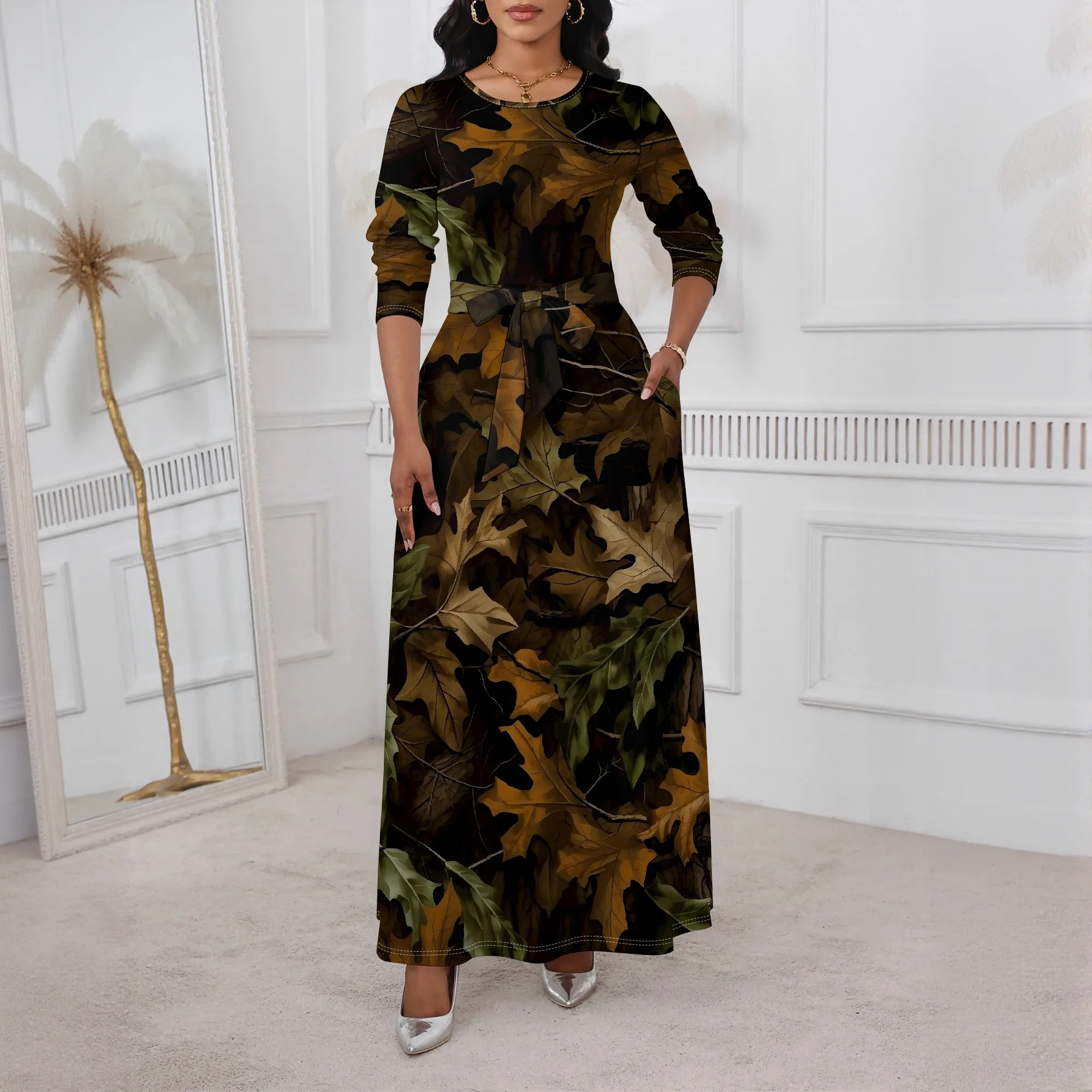

Women's Autumn Leaf Print Maxi Dress XS-3XL 2025 Fall Casual Long Sleeve Belted Dress for Thanksgiving Holiday Outfit