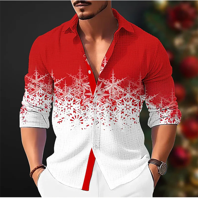 2024 3D Printed Snowflake Casual Men\'s Shirt Christmas Casual Autumn and Winter Long Sleeve Blue Four-Sided Stretch Fabric Shirt