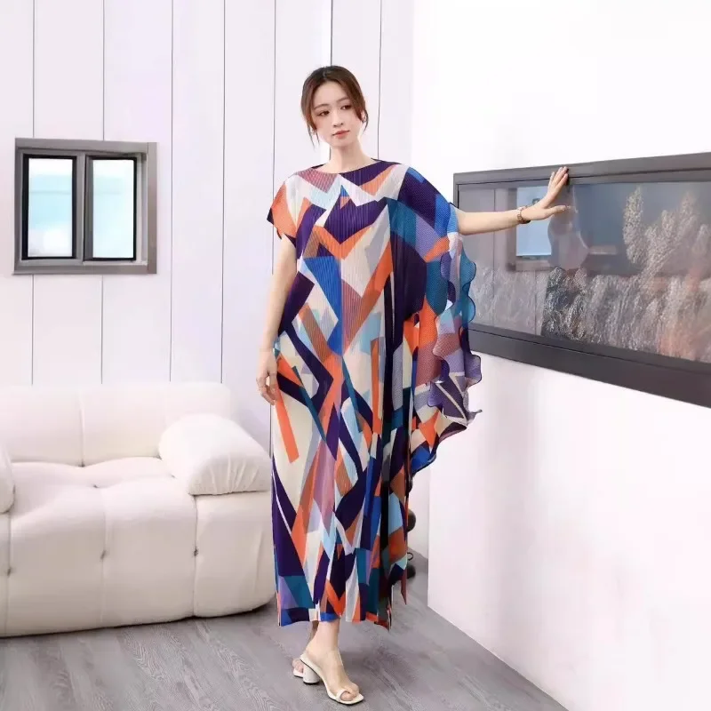 

Miyake Geometric Print Lace Up Round Neck Auricularia Lace Single Shoulder Bat Sleeve Pleated Dress Holiday Travel Women's Wear