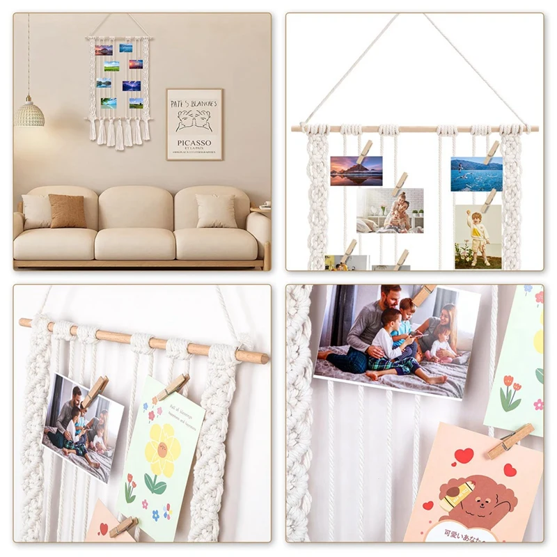 Hanging Photo Display with 30 Wood Clips Macrame Wall Hanging Picture Holder Collage Picture Frame for Boho Decor-A73M