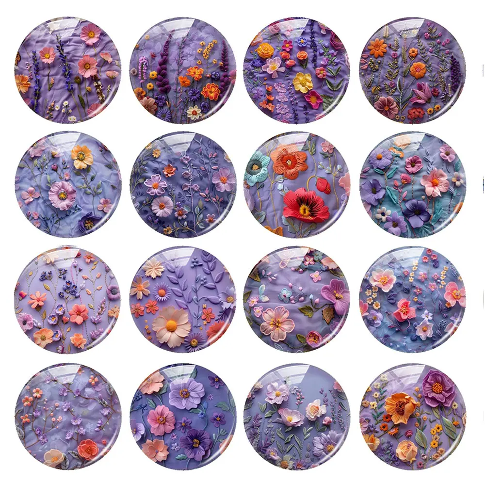 Random Mixed Round/Oval/Square Purple Flower Plants Photo Glass Cabochon Flatback Demo Cameo For Diy Jewelry Making