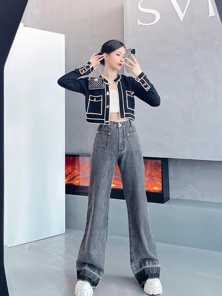 

SVLI High Waist Wide Leg Denim Jeans Star Embroidery Washed Grey Blue Women's Premium Fashion Spring Autumn Seasonal Clothing
