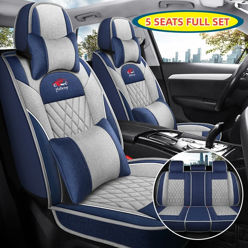(Luxury Edition) the Car Has Five Seats, Equipped with 2 Headrests and 2 Lumbar Supports, Luxury Linen Full-Cover Car Seat Covers Are Universal, Breathable and Wear-Resistant, Fit Snugly on the Seats, Suitable for All Seasons, Fashionable and Aesthetically Pleasing, with Three-Dimensional Side Support, Airbag Compatible, Enhance the Driving Experience, Suitable for Various Models Such as Sedans, Suvs, Trucks