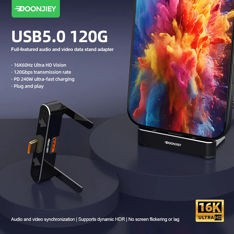 DOONJIEY USB5.0 Type C Phone Stand Adapter, 240W Fast Charging 120Gbps 16K Multi-Function Foldable Converter for Thunderbolt 5/4