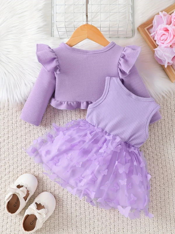 Infant Toddler Girls' Purple Outfit: 3D Butterfly Tulle Dress + Ruffled Knit Cardigan Two-Piece Set