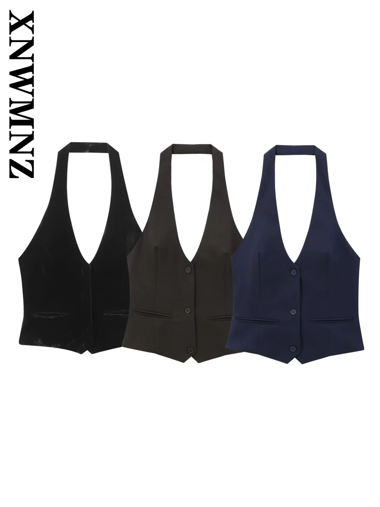 Xnwmnz האישה החדש 2024 הקיץ צבע מלא מזדמנים צבע מלא האלטר העליון נקבה vintage v-צווארון camisole ללא שרוולים