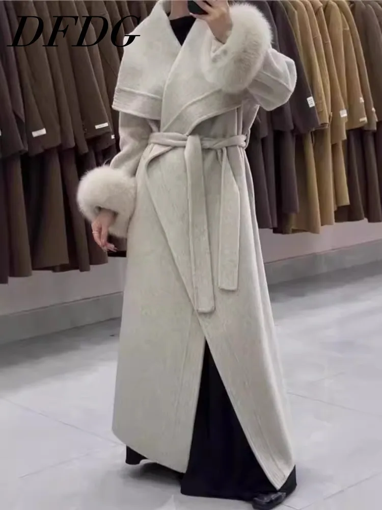 

DFDG Women’s 2025 AW Double Faced Cashmere Wool Blend Coat Belted Oversized Mid Long Trench Minimalist Slimming Warm Woolen Coat