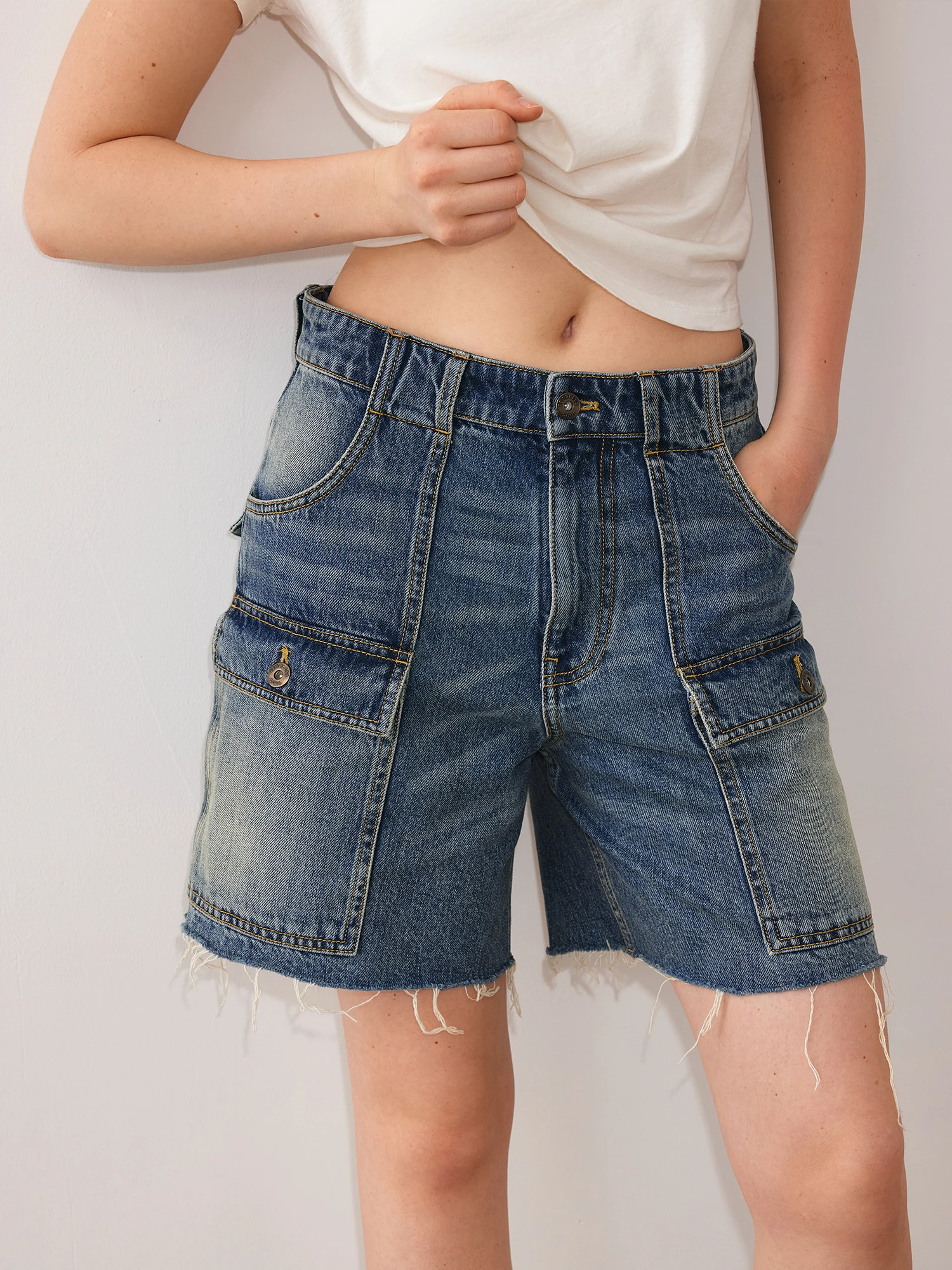 

TangFaFa Spring Summer New Style Women's Workwear Short Jeans Bronze Tone Button Denim Original Bamboo Pattern Cotton Shorts