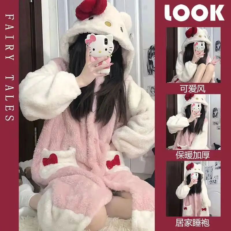 

New Hello Kitty Kawaii Sanrio Cute Bow Furry Pajamas Autumn And Winter Sweet Women Long Pajama Anime Plush Couple Loungewear