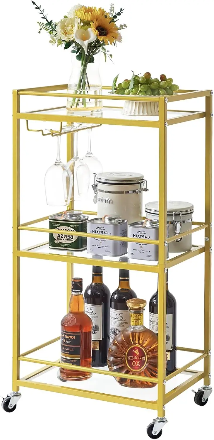 Home Bar Serving Cart,Small Bar Cart with 3-Tier Glass Shelf, Mobile Drink Shelf w/ Wine Holders and Glass Holders,USA