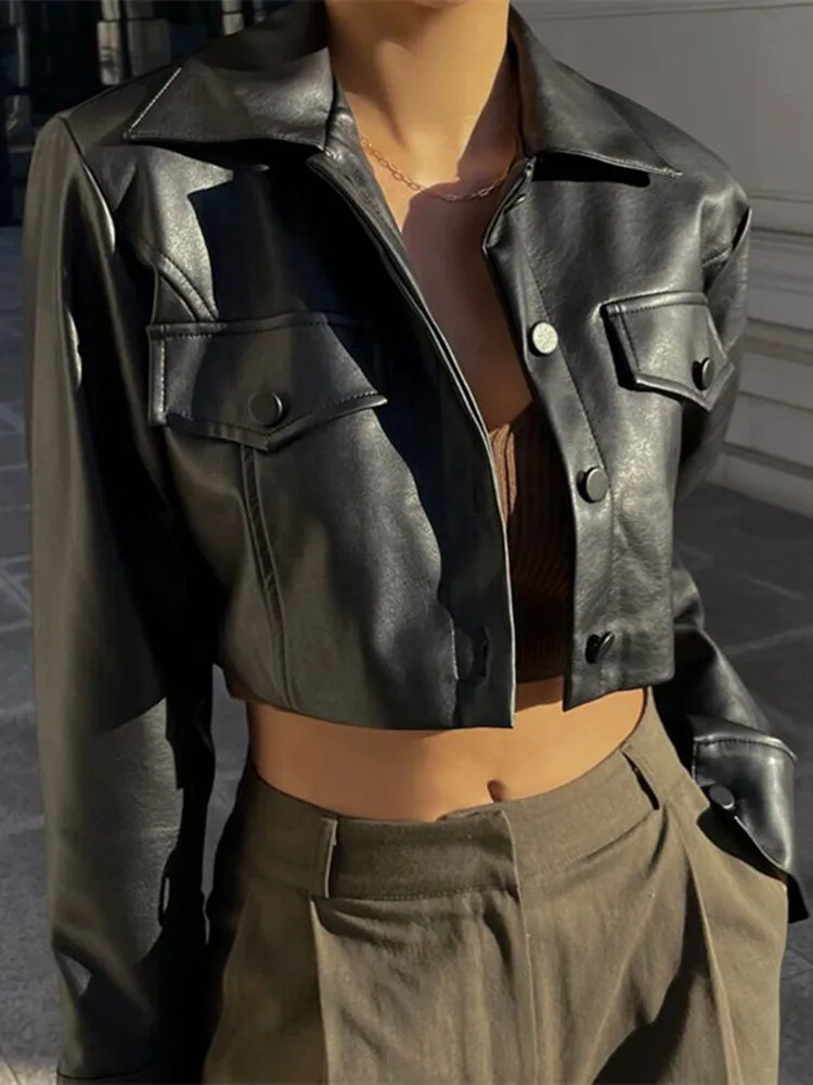 Women Punk Spring Short Leather Jacket Female Crop Top