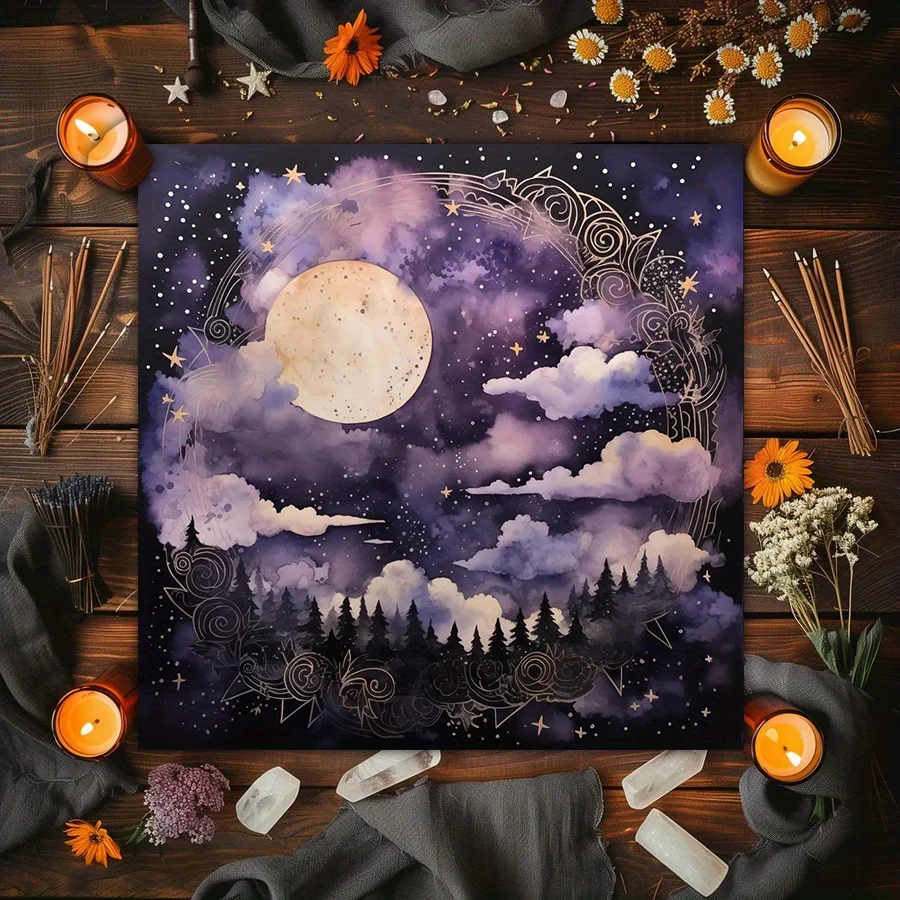 Enchanted Tree of Life & Mystic Crystal Tarot Tablecloth, Vintage Astrology Oracle Cloth with Moon‑Phases, Flowers & Stars