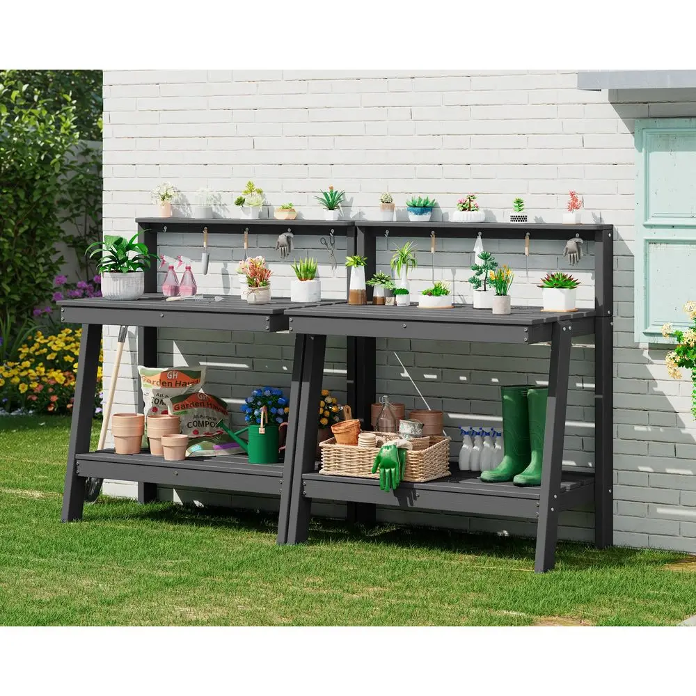 

Potting Bench Outdoor with Storage Set of 2, 3Tier HDPE Gardening Table with Angled Legs amp Tool Hooks, AllWeather Heavy Duty