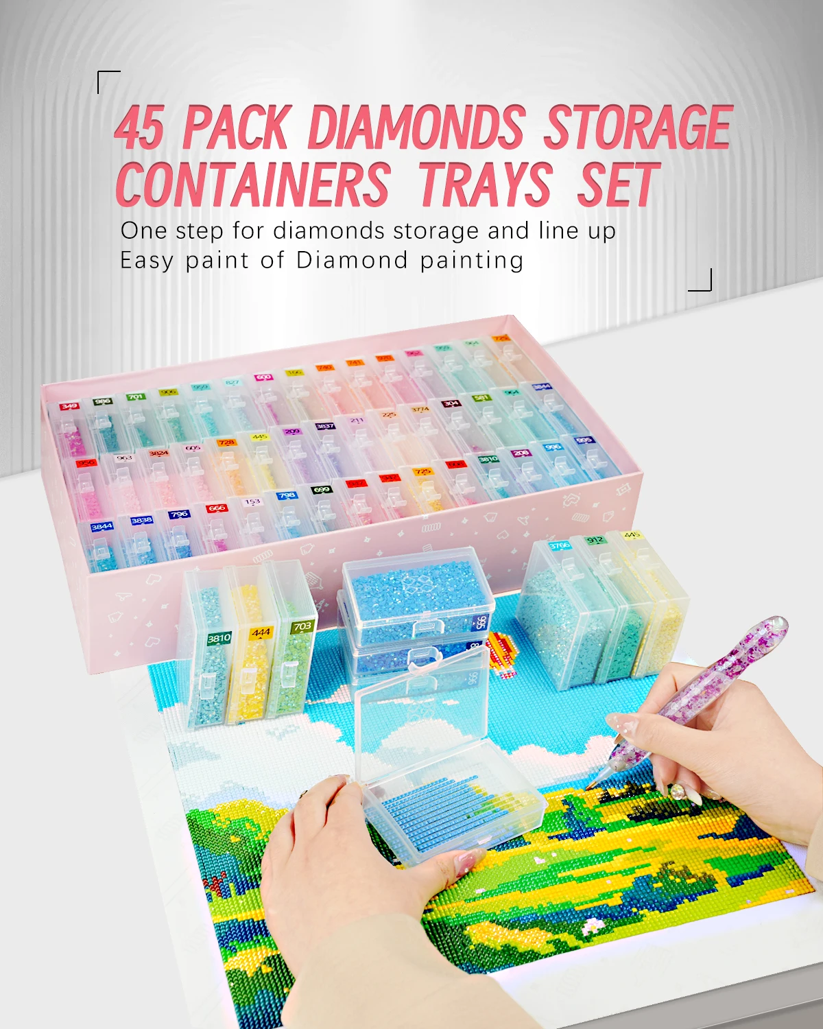 45pcs Diamond Painting Tools Accessories Trays with Lids, 2-in-1 Diamond Art Storage Organizer, Bead Line-Up & Painting Tray Set