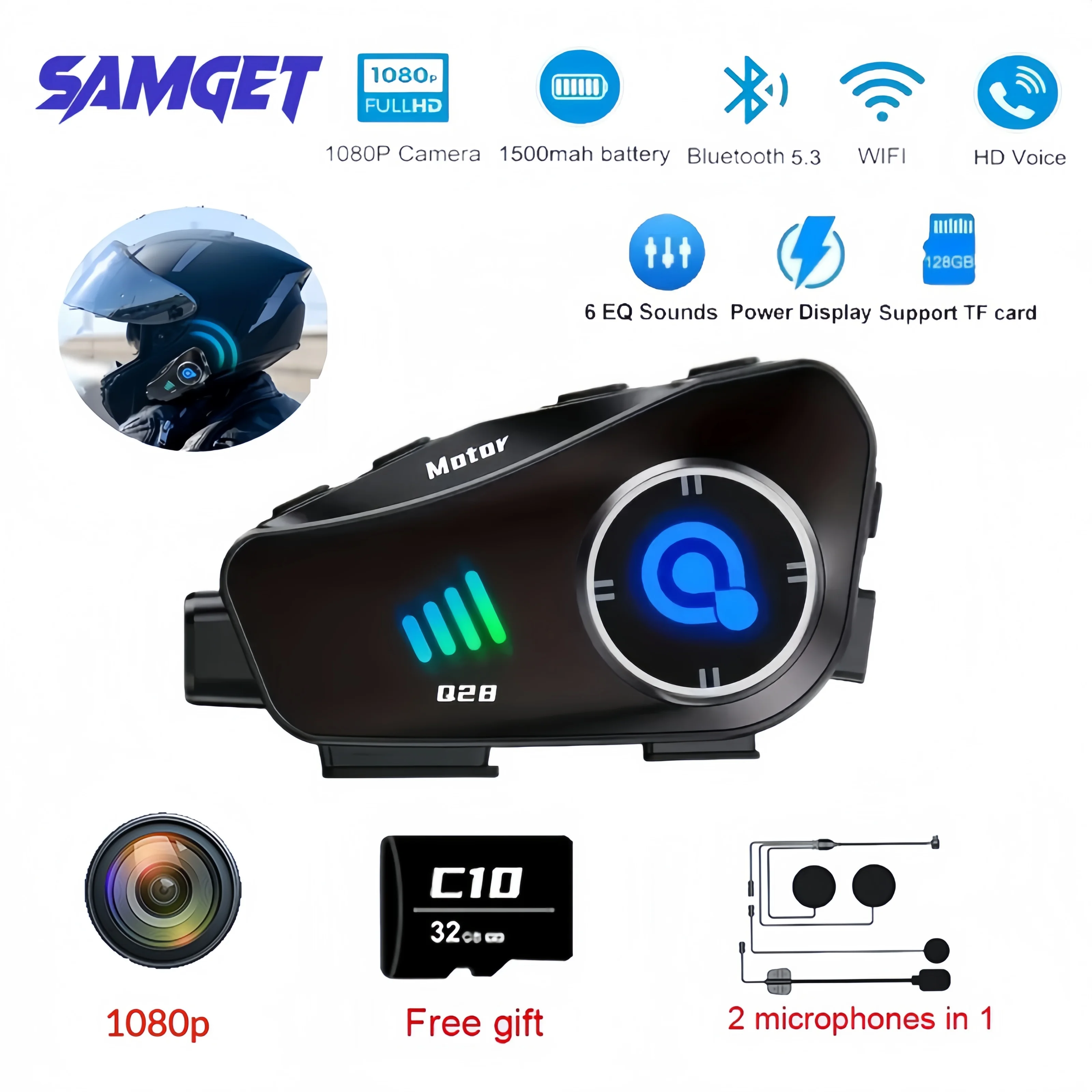 

Q28 Motorcycle Helmet Headset Bluetooth Hands Free Call Waterproof Heaphone Wireless 1080P Video Dashcam TF Card as gift