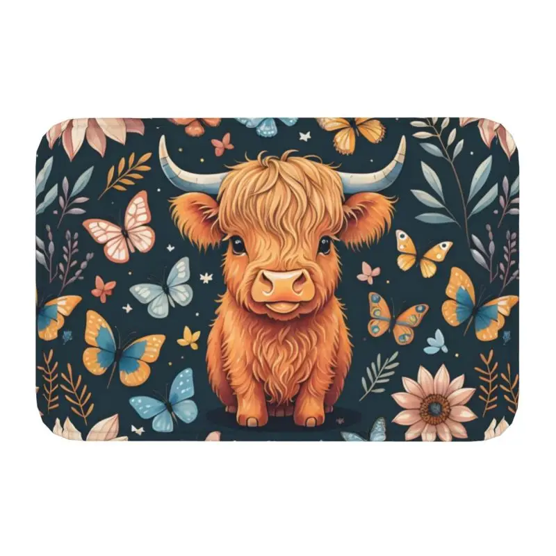 Custom Highland Cow And Flower Doormat Mat Anti-Slip Bath Kitchen Garden Rug Carpet 40*60cm