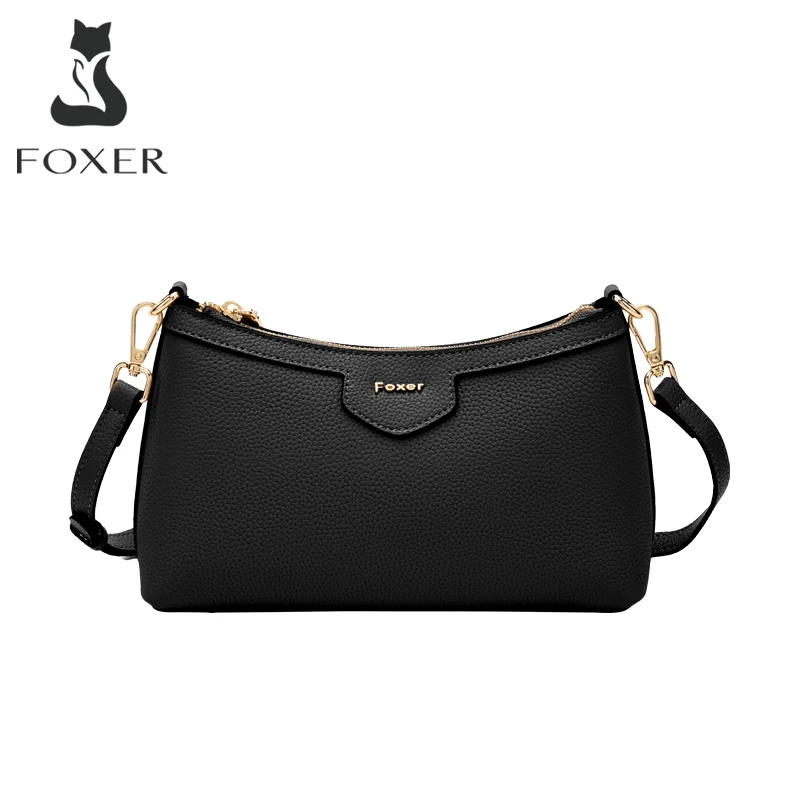 FOXER 2026 New Women Real Leather Shoulder Bag Black Casual Hobo Bag Genuine Leather Ladies Commute Crossbody Purse