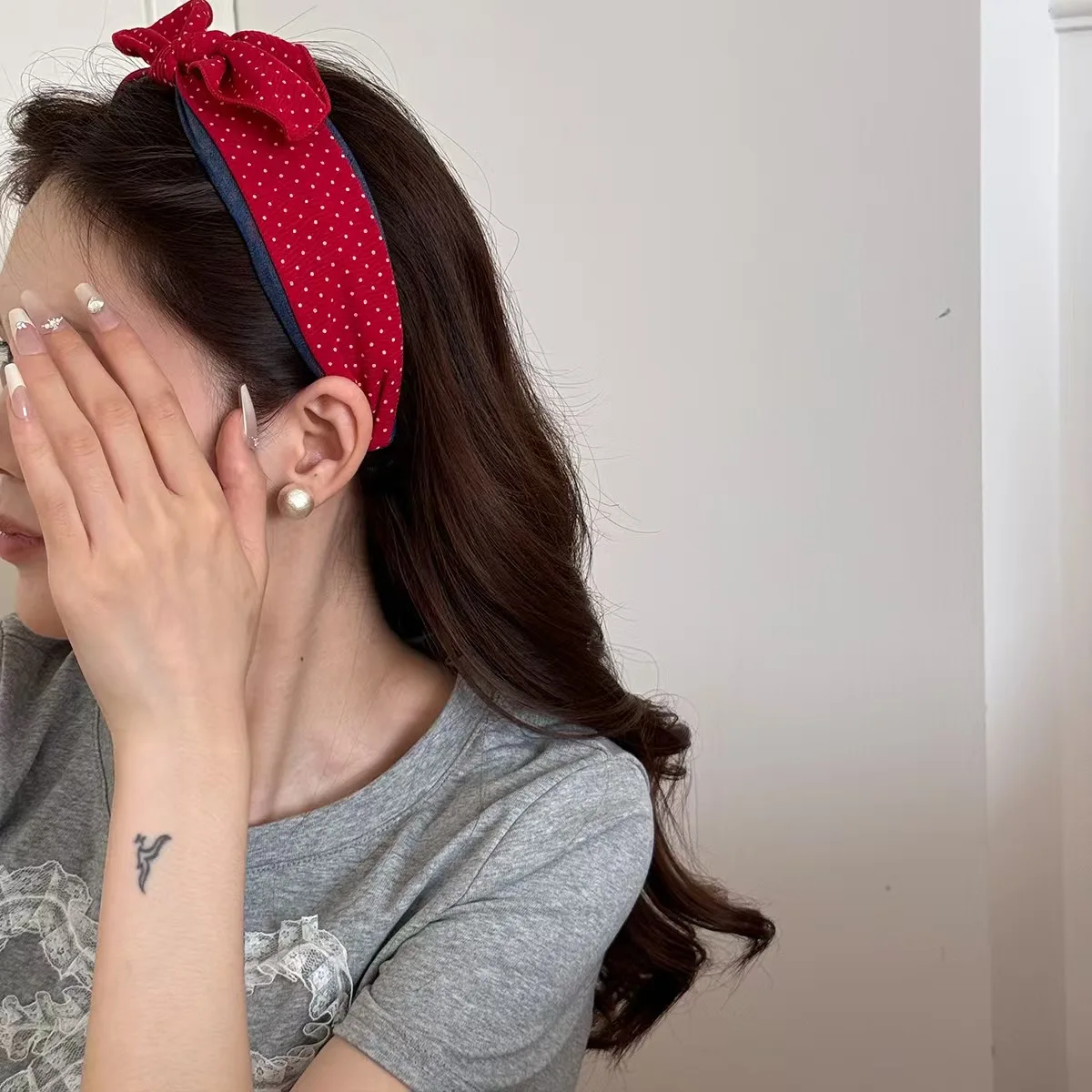 1pc Korean new polka dot denim bow wide edge headband collision sweet headband compression hair hairpin for women view 4