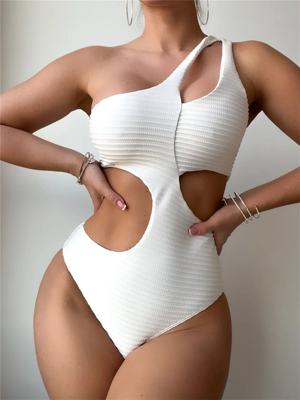 

Womens 2025 One Shoulder Solid Swimsuit One Piece Hollow Out Swimwear Female Bathers Bathing Swimming Bodysuit Summer Beachwear