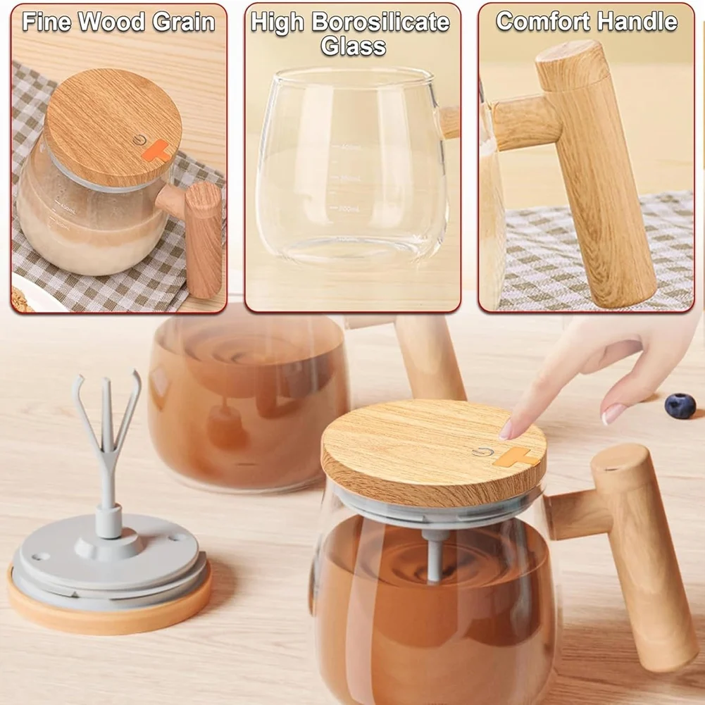 J1UL1N Electric Self Stirring Mug With Heating Base & Lid - High Speed Glass Mixing Cup For Coffee,Travel & Office-Waterproof