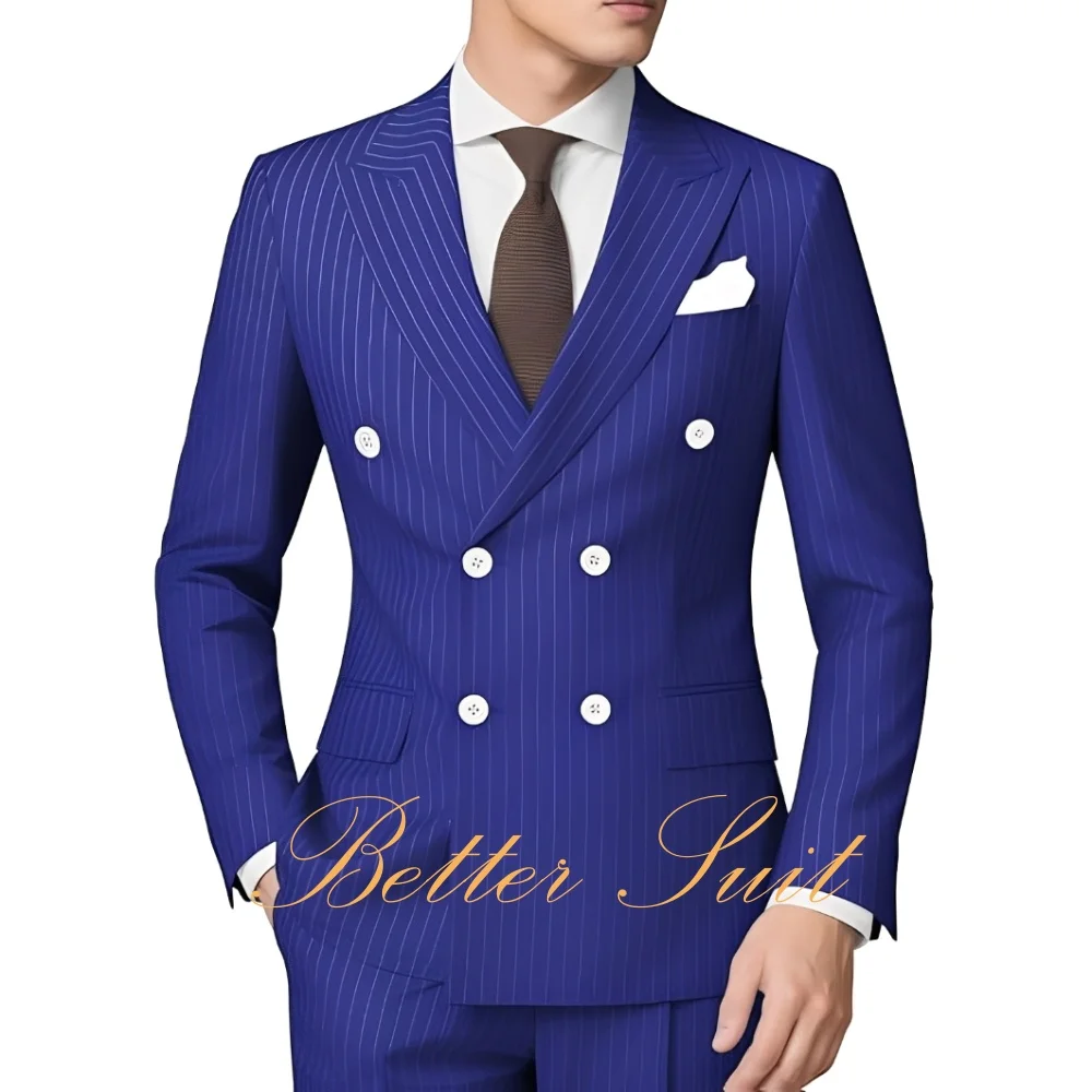 بدلة رجالية مقلمة 2 قطعة بقصة عادية مزدوجة الصدر سترة السراويل لحفلات الزفاف الرجال الدعاوى العريس حفلة موسيقية سهرة البدلة #5