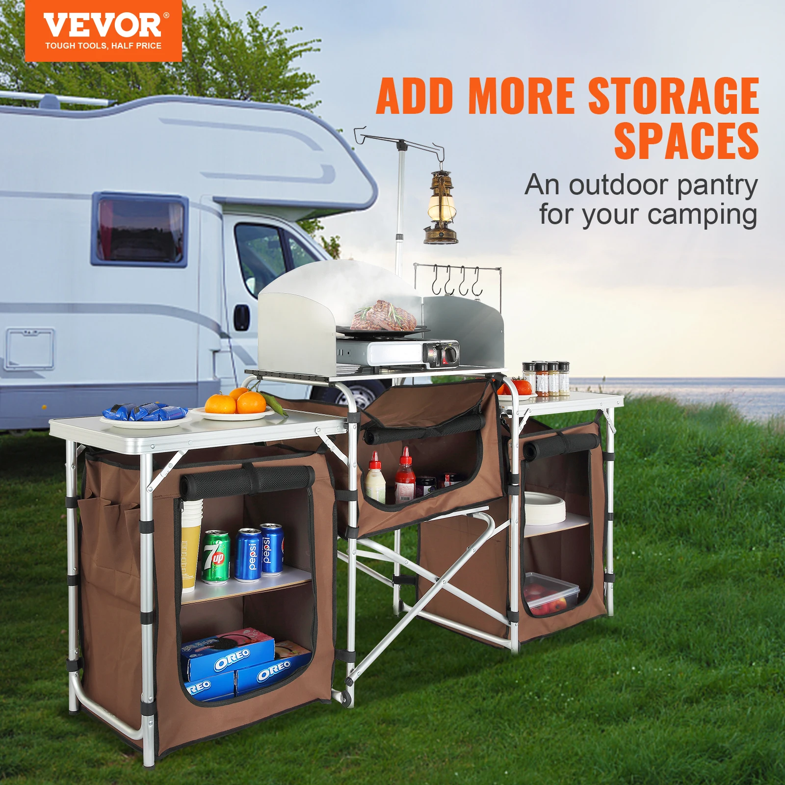 VEVOR Camping Kitchen Table Folding Outdoor Cooking Table with Storage Carrying Bag Aluminum Cook Station 3 Cupboard  Windscreen