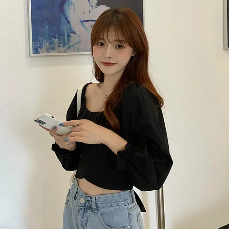 Áo Kiểu Nữ Crop Mùa Xuân Thường Ngày Ulzzang Chắc Chắn Tất Cả Trận Đấu Hàng Ngày Đơn Giản Cổ Vuông Phối Áo Sơ Mi Trường Cao Đẳng Hợp Thời Trang Cột Dây slim Nữ