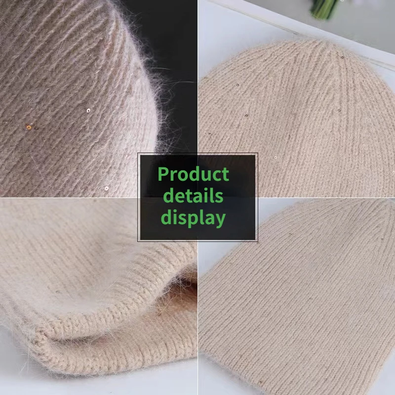 2022Angora Rabbit Fur Winter Woman Hat Cashmere Skullies Beanies Soft Solid Warm Fluffy Thick Sequins Knitted Hat Gift Wholesale