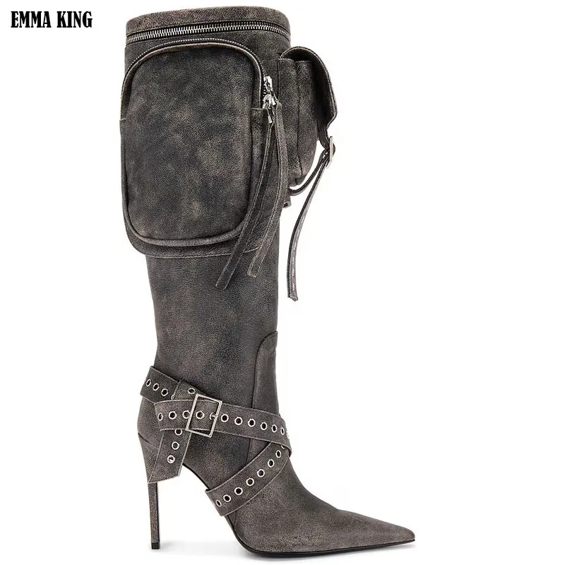 

Denim Pocket Knee High Boots Retro Pointy Toe Stiletto Heels Thin Boots Women Sexy Shoes Zipper New Designer Runway Casual Shoes