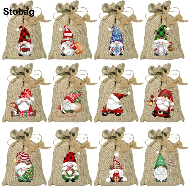 

StoBag 24pcs One Set Merry Christmas Linen Drawstring Bag Small Gift Storage Packaging Bundle Pocket Kids Child Pouch Party